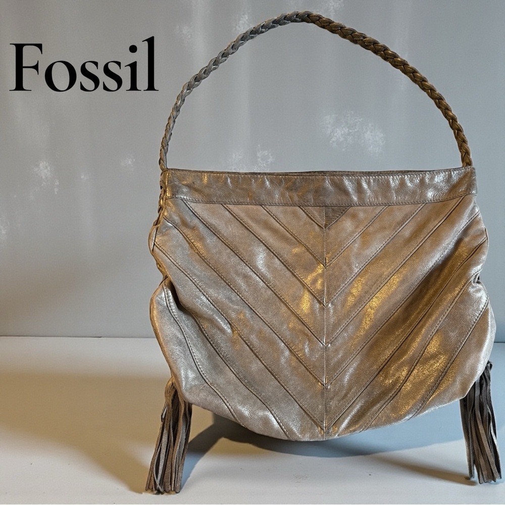 Fossil Metallic Taupe Chevron Leather Shoulder Bag with Tassels